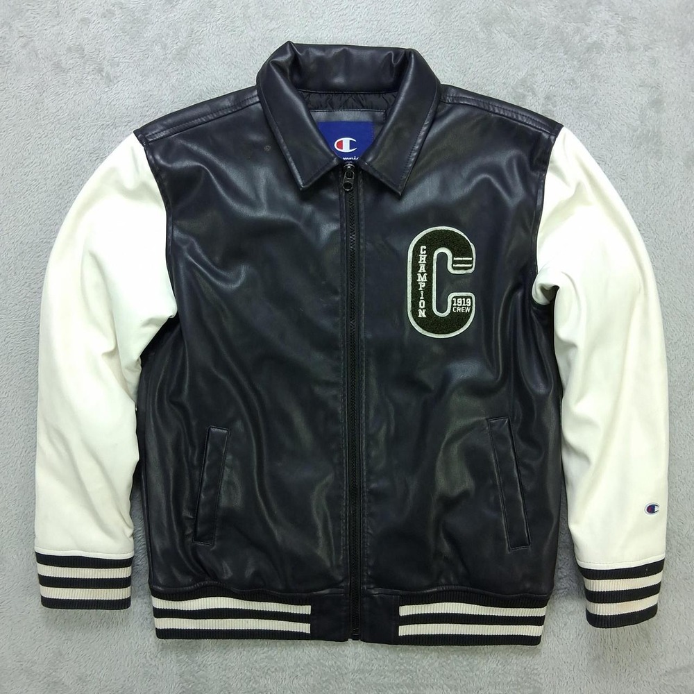 Champion Mens Varsity Jacket Black White Faux Leather Full Zip Size M 10/12